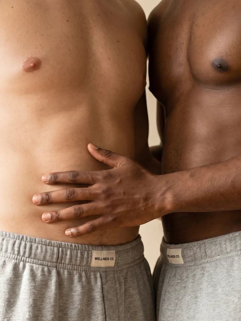 One man resting a hand on his partner's stomach