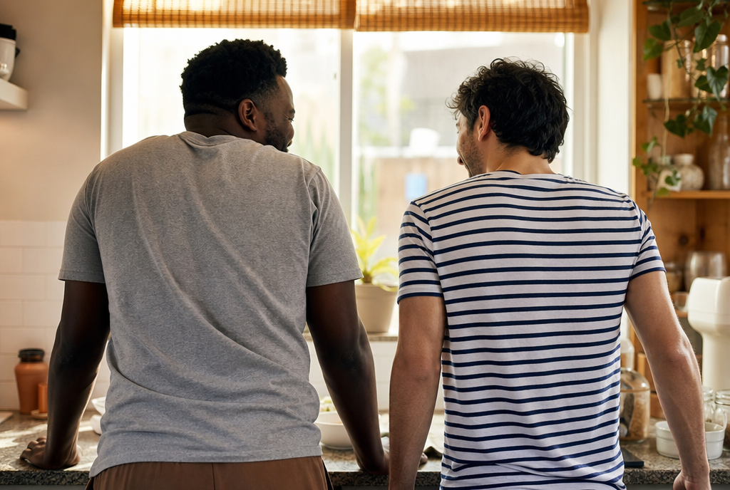 Theo & Sam in the kitchen, video testimonial poster frame