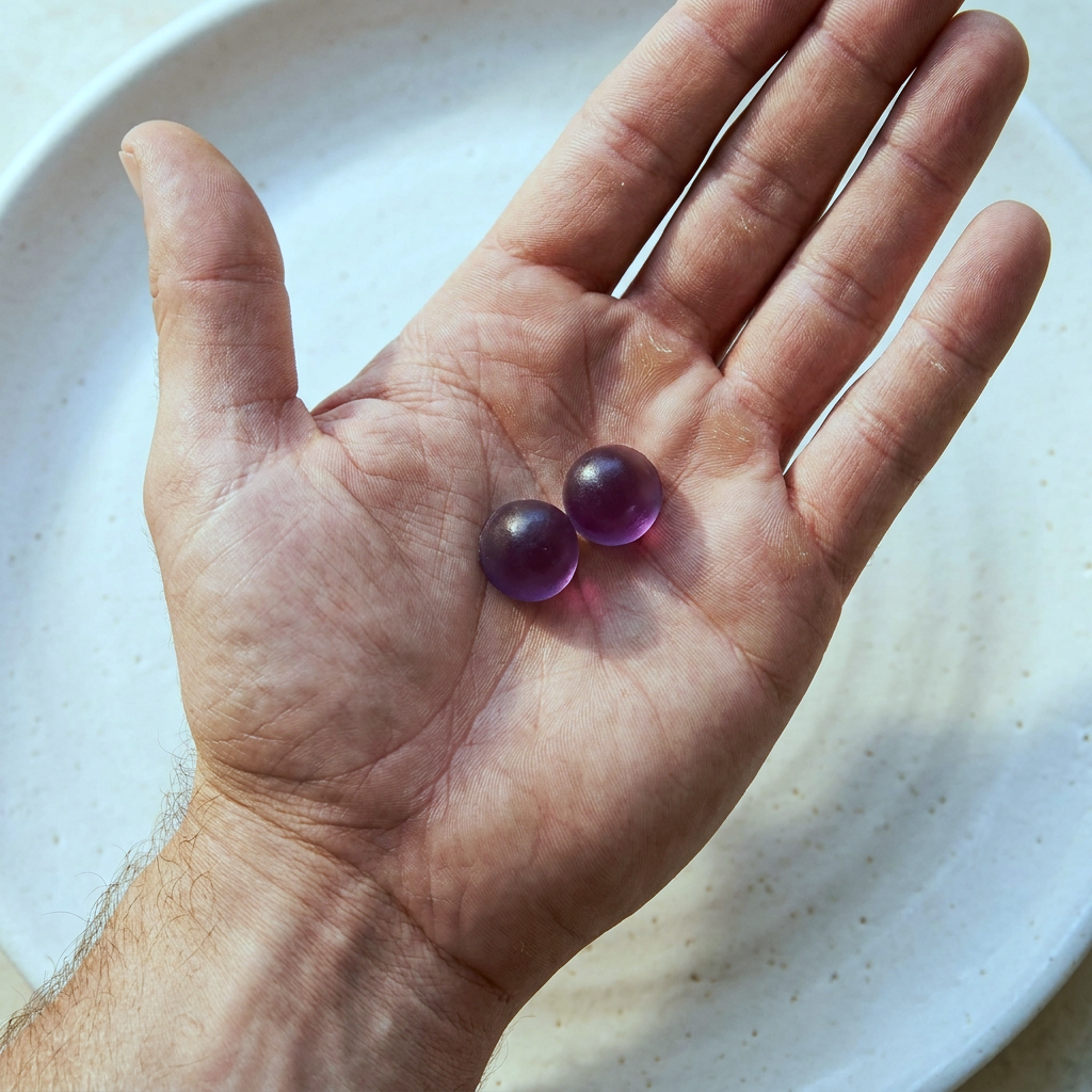 Anton K., open palm holding two gummies, video testimonial poster frame