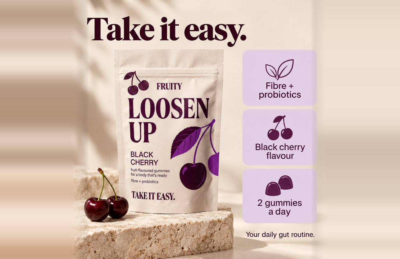 LOOSEN UP black cherry fibre and probiotic gummies. Take it easy.