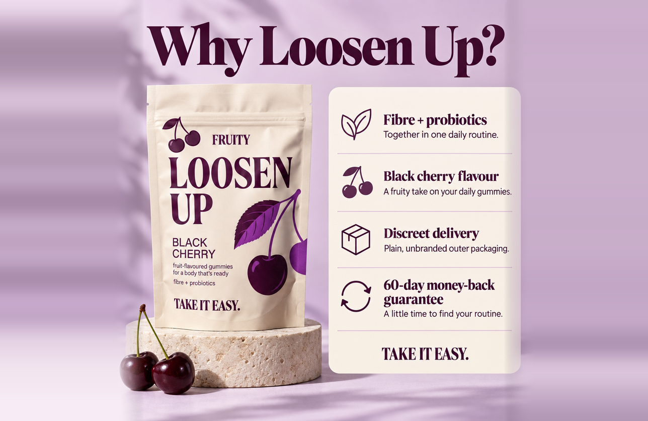Why Loosen Up: fibre and probiotics, black cherry flavour, discreet delivery, 60-day guarantee
